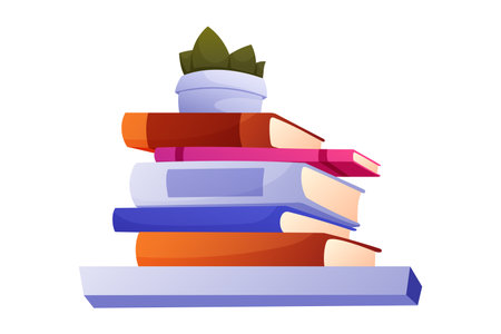 Stack of colorful books and plant in a pot. Vector isolated cartoon illustration, interior design element.のイラスト素材