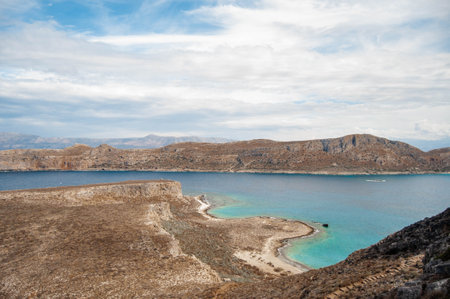 Beautiful Mediterranean summer landscape, birds eye view. Mountains and rocks, turquoise water in the bay. Gramvousa island, Crete, Greece.の写真素材
