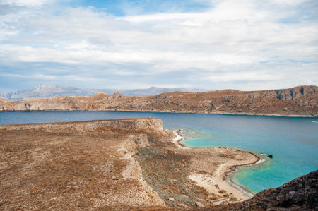 Beautiful Mediterranean summer landscape, birds eye view. Mountains and rocks, turquoise water in the bay. Gramvousa island, Crete, Greece.の写真素材