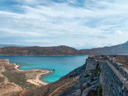 Beautiful Mediterranean summer landscape, birds eye view. Mountains and rocks, turquoise water in the bay. Gramvousa island, Crete, Greece.の写真素材