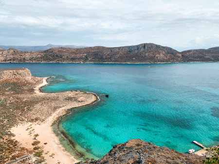 Beautiful Mediterranean summer landscape, birds eye view. Mountains and rocks, turquoise water in the bay. Gramvousa island, Crete, Greece.の写真素材