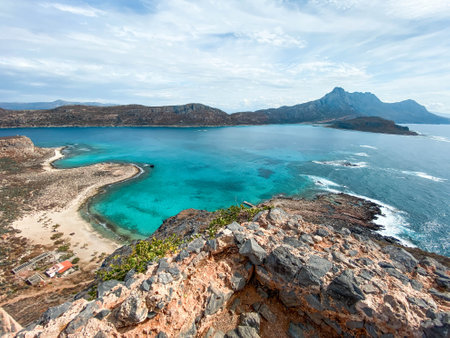 Beautiful Mediterranean summer landscape, birds eye view. Mountains and rocks, turquoise water in the bay. Gramvousa island, Crete, Greece.の写真素材