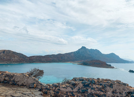 Beautiful Mediterranean summer landscape, birds eye view. Mountains and rocks, turquoise water in the bay. Gramvousa island, Crete, Greece.の写真素材