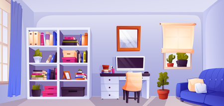 Home office room interior. Desk with computer, large bookcase and sofa. Remote work online. Cartoon vector banner or background of gaming environment.のイラスト素材