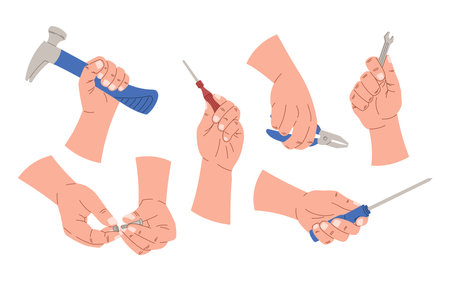 Male hands of repairman or mechanic with working tools, hammer, screwdrivers and pliers. Set of vector isolated cartoon design elements.のイラスト素材