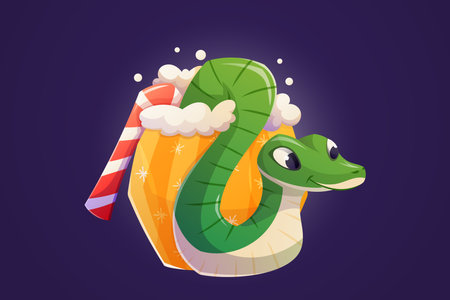 Cute green wooden snake crawling out of a mug with hot cocoa or coffee. Symbol of Chinese New Year...