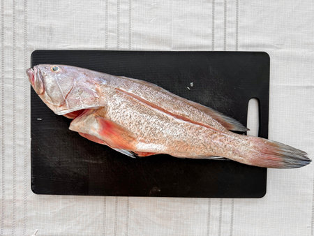 A photo of gutted and cleaned grouper fish on a cutting board. Preparing a Mediterranean seafood.の写真素材