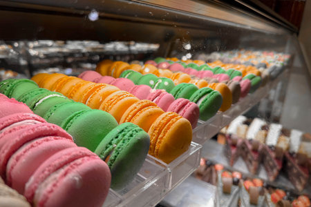 Photo of a glass bakery counter with desserts, colorful sweet macaroons.の写真素材