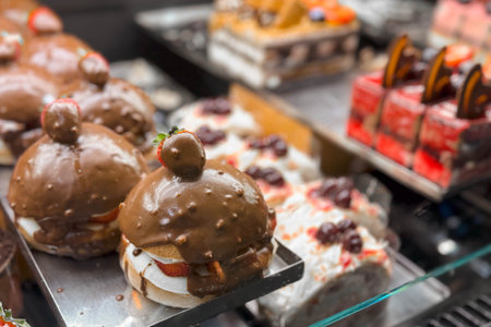 photo of a glass counter in a bakery or pastry shop with sweets, sponge cakes and chocolate cakes.の写真素材