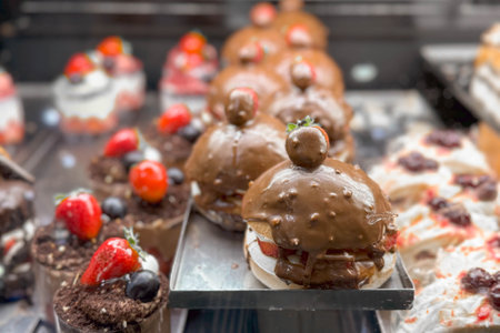 photo of a glass counter in a bakery or pastry shop with sweets, sponge cakes and chocolate cakes.