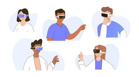 Set of Flat vector isolated illustrations of doctor people, diverse healthcare professionals and a patient using VR technology. Medical innovation, virtual reality application.のイラスト素材