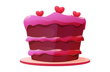 Charming vector cartoon isolated illustration, cake with pink frosting, heart decorations, lit candle. Birthday, wedding, or romantic Valentines Day designsのイラスト素材