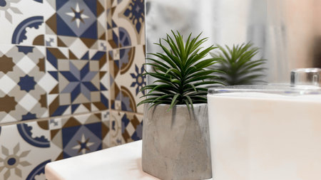Minimalist Bathroom Decor with Concrete Planter and Patterned Ceramic Tiles. A stylish and modern setup featuring a green plant in a concrete pot alongside intricate geometric tile patterns.の写真素材