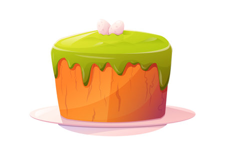 Colorful vector isolated cartoon Easter cake illustration with vibrant green icing dripping down sides, topped with decorative eggs. Holiday designs, greeting cards, posters, and festive decorations.のイラスト素材