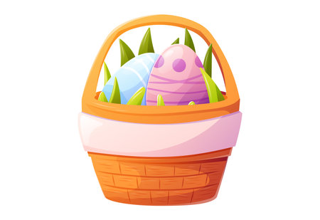 Bright vector isolated illustration of Easter basket filled with colorful decorated eggs and fresh green grass, adorned with festive bunting. Perfect for holiday design, greeting card, invitationsのイラスト素材