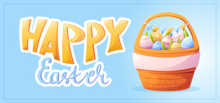 Bright festive vector cartoon banner with text Happy Easter. Horizontal blue background with wicker handmade traditional basket full of decorated Easter eggs.のイラスト素材