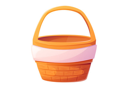 Bright empty Easter Basket, vector isolated Illustration. Vibrant, cartoon wicker basket with fabric liner, perfect for holiday themes, decorations, or greeting card designs.のイラスト素材