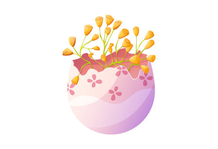 Delicate Easter Egg Planter vector isolated Illustration. Cracked pink eggshell with floral sprouting vibrant yellow wild flowers, perfect for spring designs, decor, or greeting cardsのイラスト素材