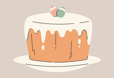 Flat isolated vector illustration of traditional Easter cake with white icing and decorative eggs on top. Simple design and warm pastel colors create a festive and cozy holiday atmosphere.のイラスト素材