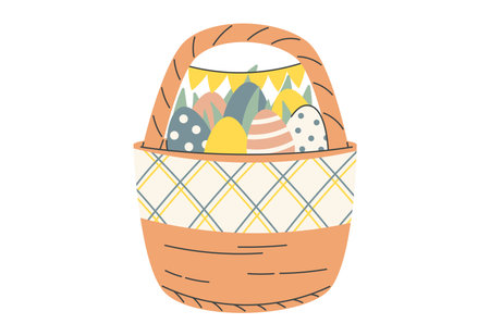 Vector isolated illustration of Hand-drawn rustic wicker Easter basket with colorful decorated eggs and festive bunting. Cozy spring holiday illustration with soft vintage tones.のイラスト素材