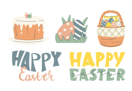 Flat Easter vector illustration set with festive isolated elements. Cute pastel clipart featuring Easter cake, decorated eggs in grass, a basket with eggs, and lettering in modern hand-drawn style.のイラスト素材