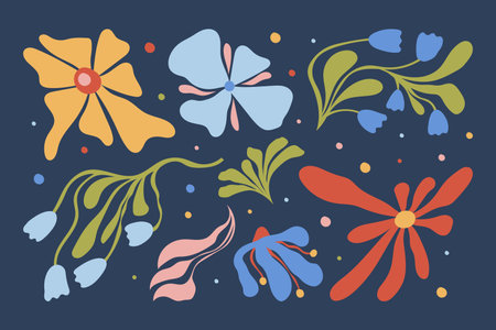 Colorful abstract floral vector set with hand-drawn flowers and leaves on a dark blue background. Modern botanical isolated illustrations with bold organic shapes.のイラスト素材