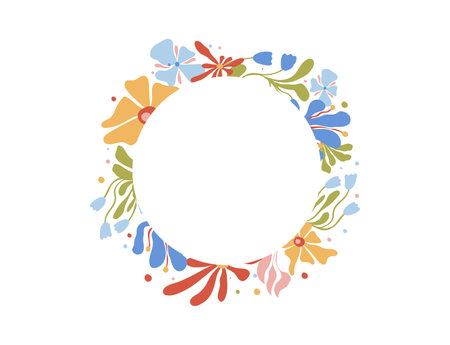 Vector isolated doodle illustration, round frame or wreath with colorful hand drawn groovy flowers and leaves. Bright decorative botanical element.のイラスト素材