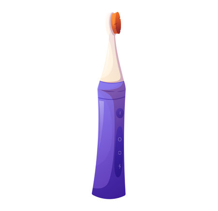 Modern electric toothbrush with purple handle and orange bristles. Cartoon vector illustration of a rechargeable dental care device on white background. Oral hygiene and healthcare concept.のイラスト素材