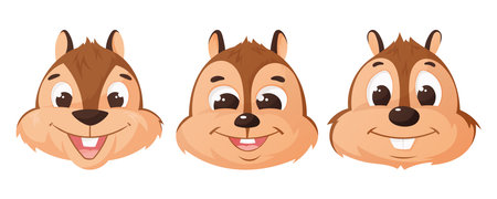 Cute cartoon chipmunk heads with big eyes and a happy smile. Adorable woodland animal mascot, perfect for kids products, games, stickers, and logos. Vector isolated illustration setのイラスト素材