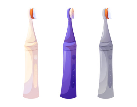 Set of modern electric toothbrushes. Cartoon vector illustration of a rechargeable dental care device on white background. Oral hygiene and healthcare concept.のイラスト素材