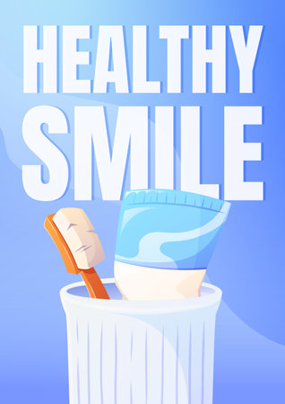 Healthy smile concept. Bright vector banner template illustration with toothbrush and toothpaste in a cup on a blue background. Dental hygiene, oral care, and clean teeth promotion for healthcare and dentistry.のイラスト素材