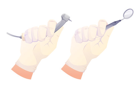 Vector cartoon isolated illustration of two dentist hands in sterile gloves holding dental drill and mouth mirror. Professional medical tools for oral care, dental procedures, and treatment.のイラスト素材