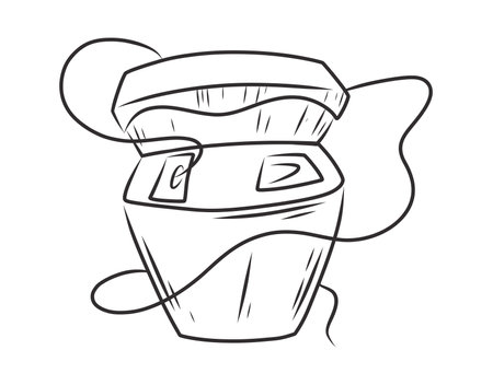 Hand-drawn black and white vector illustration of a dental floss container with open lid. Simple line art sketch of an oral hygiene product for teeth cleaning, dental care, and healthy gums.のイラスト素材