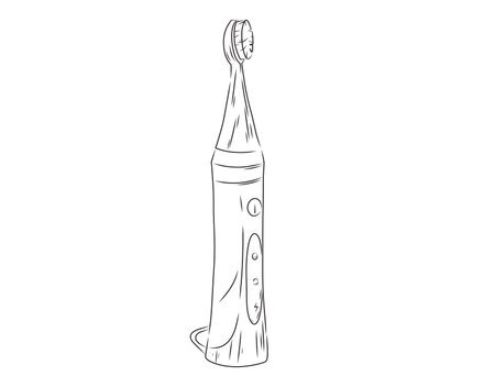 Hand-drawn black and white vector illustration of an electric toothbrush. Simple line art sketch of a rechargeable dental cleaning tool for oral hygiene, personal care, and healthcare design elements.のイラスト素材
