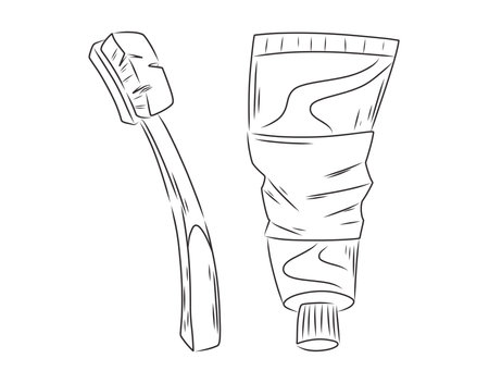 Hand-drawn vector illustration of a toothbrush and toothpaste tube. Black and white sketch of essential dental care items for oral hygiene, teeth cleaning, and daily healthcare routine.のイラスト素材