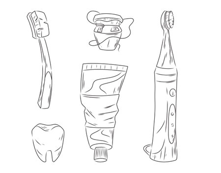 Hand-drawn black and white illustration of dental care items, including a toothbrush, toothpaste, electric toothbrush, and a healthy tooth. Oral hygiene and dental health concept.のイラスト素材