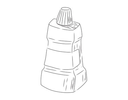 Black and white hand-drawn vector illustration of a mouthwash bottle, dental hygiene product used for teeth cleaning, oral care, and fresh breath maintenance.のイラスト素材