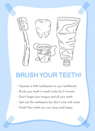 Educational vector poster for kids about brushing teeth with simple line illustrations of a toothbrush and toothpaste. Oral hygiene instructions in English for healthy dental care.のイラスト素材