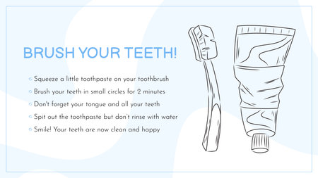 Educational vector poster for kids about brushing teeth with simple line illustrations of a toothbrush and toothpaste. Oral hygiene instructions in English for healthy dental care.のイラスト素材