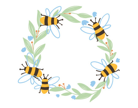 Cute bee vector illustration with green leaves and blue flowers. Perfect for World Bee Day, symbolizing ecology, nature, and spring. Decorative wreath for cards, posters, and design.のイラスト素材