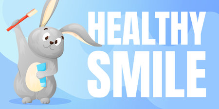 Cute rabbit holding a toothbrush and toothpaste with text Healthy Smile on a blue background. Fun dental care banner for kids, for posters, educational materials, and childrens hygiene themes.のイラスト素材