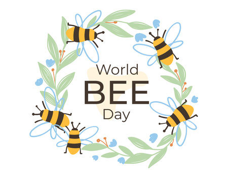 World Bee Day vector illustration with cute honey bees flying around a floral wreath. Cartoon nature design celebrating pollinators, biodiversity, and environmental conservation.のイラスト素材
