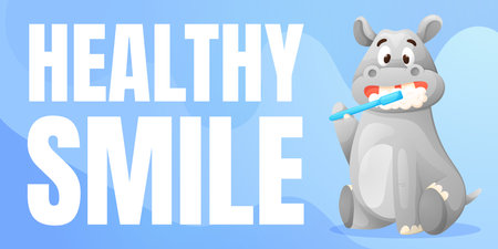 Funny hippo brushing teeth with toothpaste and toothbrush. Cute cartoon banner illustration promoting dental hygiene, oral care for kids. Children health campaigns and educational materials.のイラスト素材