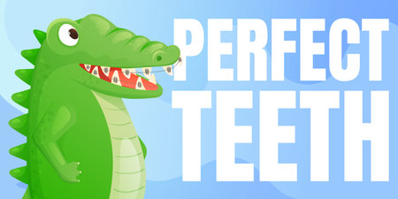 Funny cartoon crocodile with braces smiling confidently. Cute banner illustration promoting dental care, orthodontics, and healthy teeth. Perfect for children dental education, clinics, and health campaigns.のイラスト素材