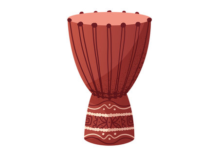 Vector cartoon isolated Traditional African djembe drum with intricate ethnic pattern. Hand drawn tribal percussion instrument illustration. Perfect for music, culture, and festival design projects.のイラスト素材