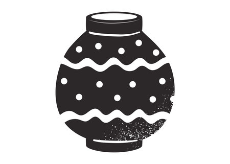 Black and white silhouette of African tribal pot with ethnic dotted and wavy patterns. Grunge textured vector illustration of traditional ceramic pottery used in ancient cultures.のイラスト素材