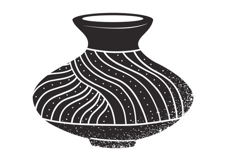 Black and white silhouette of African tribal pot with ethnic dotted and wavy patterns. Grunge textured vector illustration of traditional ceramic pottery used in ancient cultures.のイラスト素材