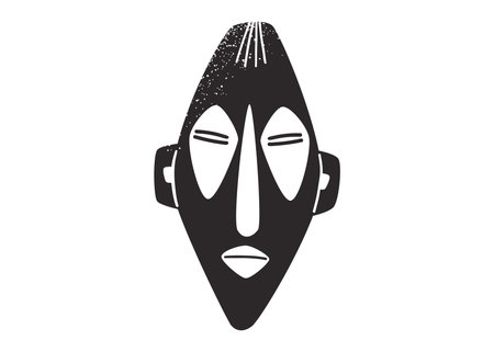 Minimal Tribal African Mask vector Illustration. Hand drawn Ethnic Face Silhouette with Textured Details. Modern Primitive Art for Posters, Branding, and Cultural Projects.のイラスト素材