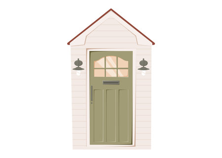 Vector cartoon illustration of a cozy green cottage front door with lantern lights. Flat style rural entrance with wooden texture and vintage farmhouse vibes. Isolated on white background.のイラスト素材