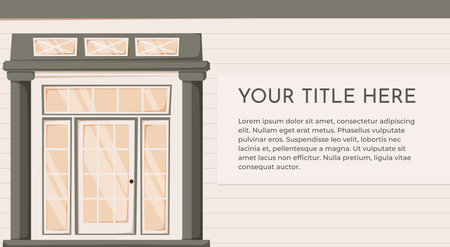Vector cartoon banner illustration of stylish front door with space for text. Cozy cottage entrance in flat design, perfect for real estate, advertising, home blogs, social media.のイラスト素材